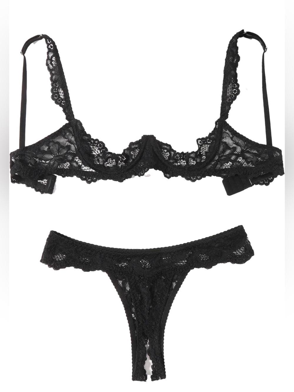 Avid Love - Black Lace Open Cup Bra & Crotchless Thong Set